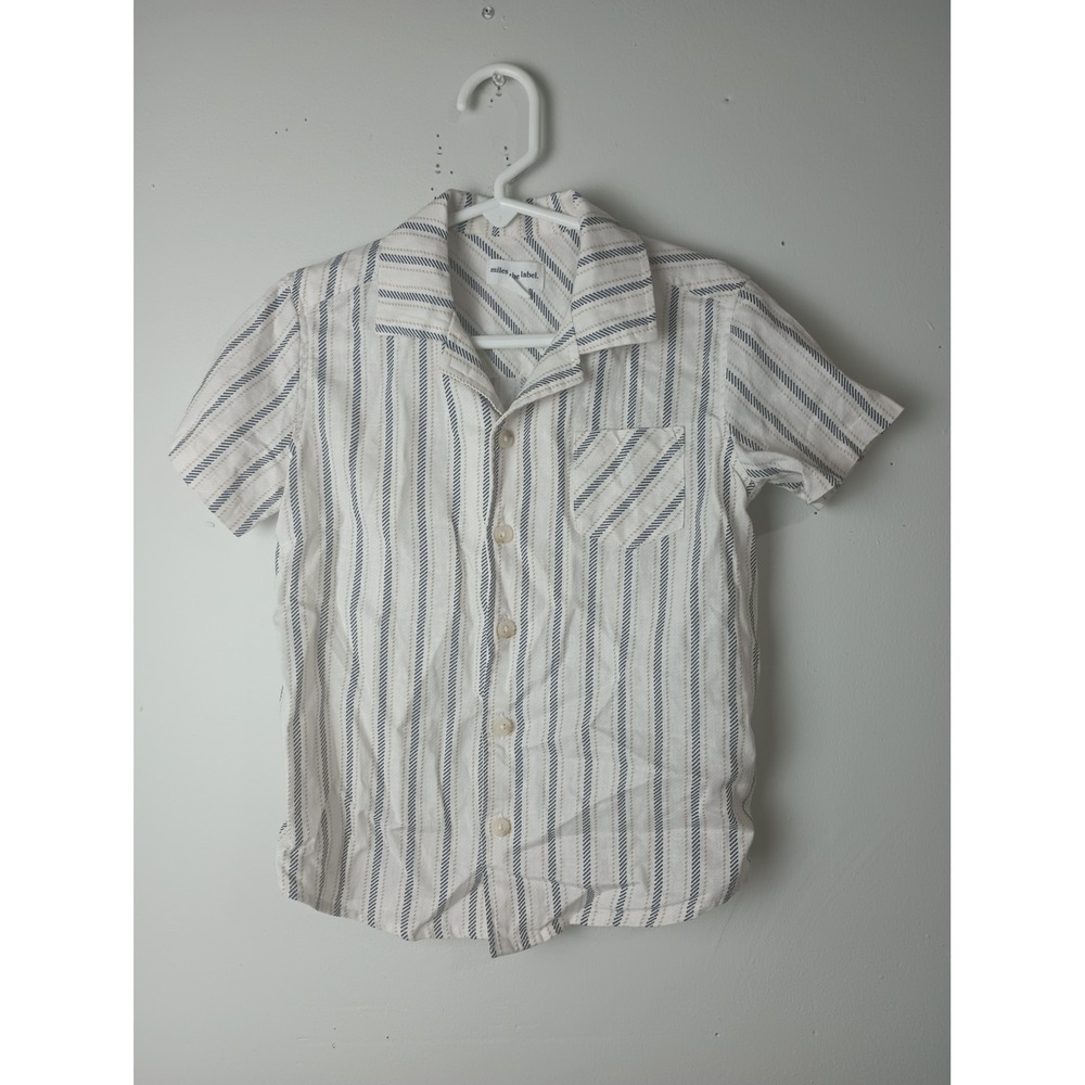 Miles the Label Kids Linen Blend Striped Short Sleeve Button Down Shirt 4Y